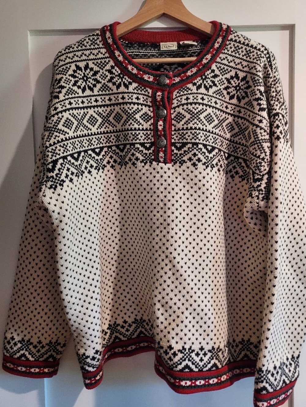 Vintage LL Bean Nordic Fair Isle Sweater Heavyweight Cotton Henley Size XL - Picture 3 of 12